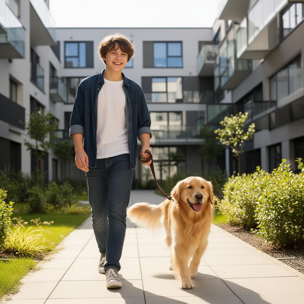 Neighbor walking a dog outside an apartment building