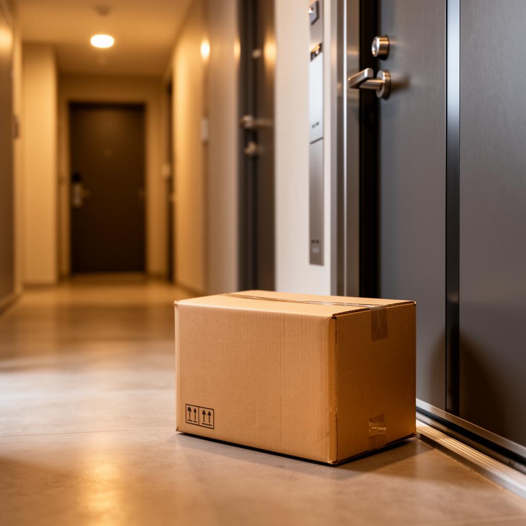 Package waiting in an apartment lobby