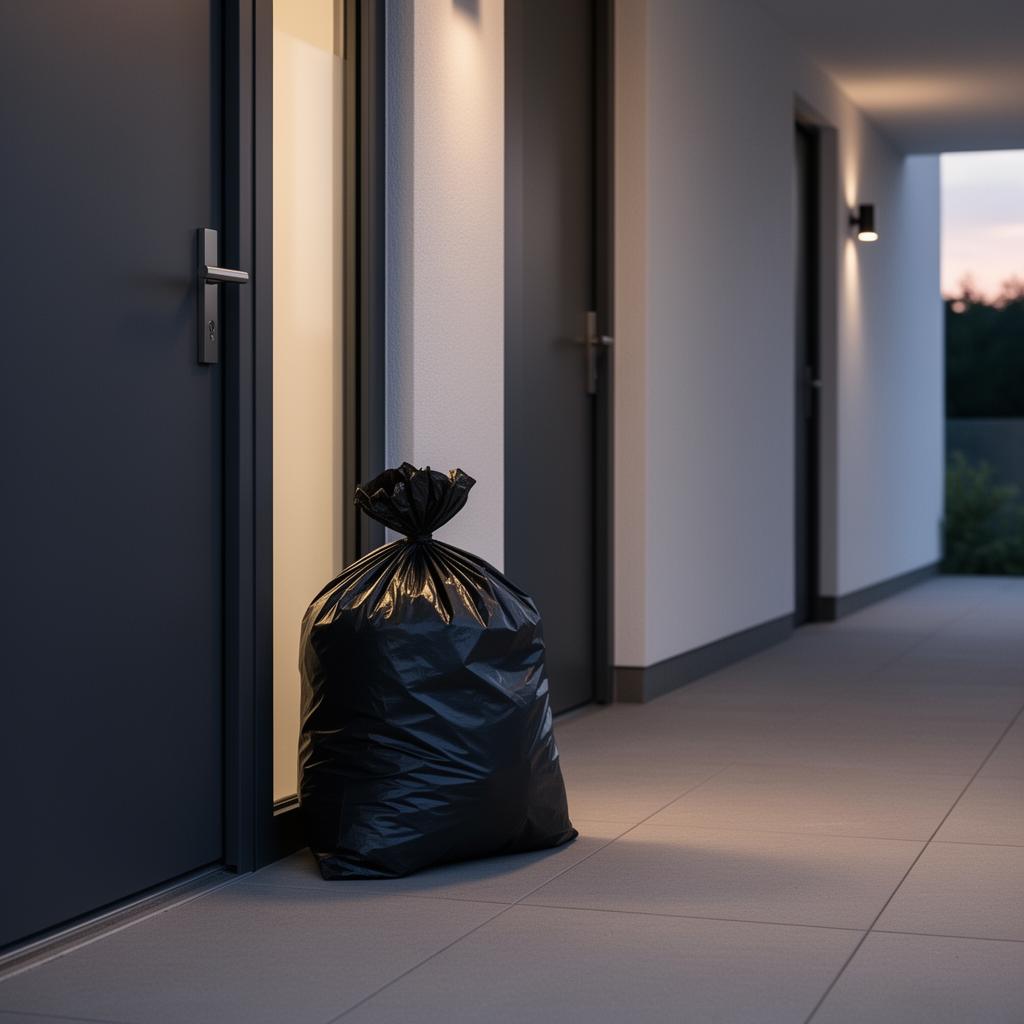 Trash bag by an apartment door
